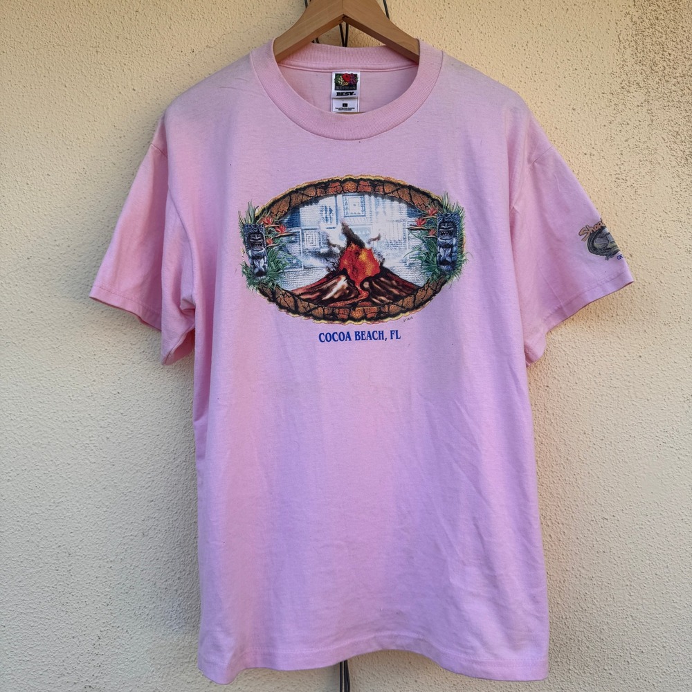 Vintage 90s Cocoa Beach FL Volcano Tiki T-Shirt Mens Large Pink USA